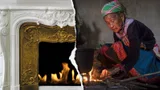 Een dure open haard. Ernaast een foto van een oudere vrouw bij een vuur van sprokkelhout.