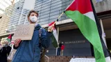 Man met een Palestijnse vlag en een bordje met 'Stop arming Israel' demonstreert voor het Paleis van Justitie