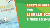 Kaft van het boek 'De overtocht'. Naast het boek staat de tekst: 'Eerste kinderboek van Libelle Icoon, Tineke Beishuizen'.