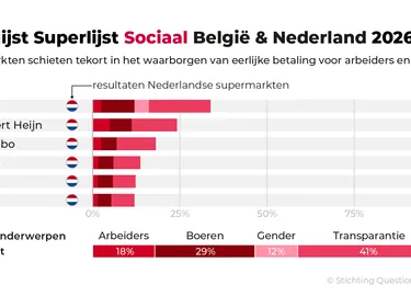 Ranglijst van de Nederlandse supermarkten op hun inzet op mensenrechten. 1. Lidl (34%), 2. Albert Heijn (24%). 3. Jumbo (18%). 4. Plus (14%). 5. Aldi (12%). 5. Dirk (12%).