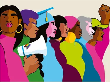 Illustratie van zeven mensen die protesteren en strijden voor gelijkheid