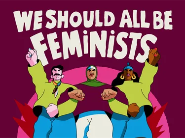 Tekening van drie activisten met de tekst: We should all be feminists