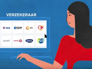 Tekening van een vrouw achter de computer. Op het scherm staan logo's van verzekeraars.