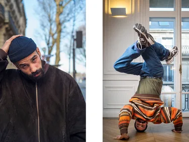 Portretfoto van Ahmed en daarnaast een foto waarop hij breakdancet.