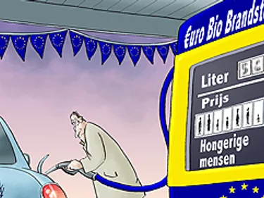 Tekening van iemand die bio brandstof tankt. Op de pomp staat bij de prijs een hoeveel hongerige mensen het kost.