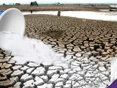 De inhoud van een bekertje Danone yoghurt vloeit over uitgedroogd land.