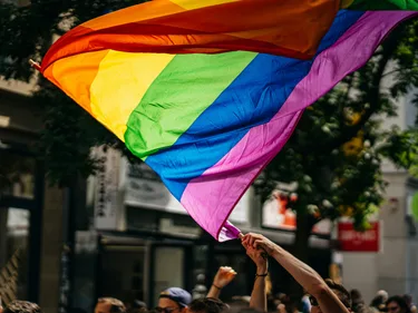 Grote regenboogvlag bij Pride