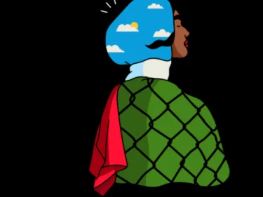 Illustratie van een vrouw gekleed in de kleuren van de vlag van Palestina: rood, groen en wit.