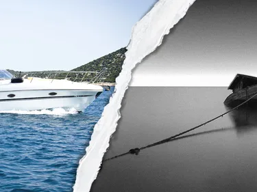 Foto van een duur jacht en daarnaast een foto van een half gezonken houten bootje.