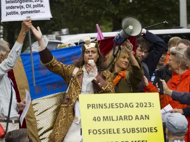Foto van demonstranten tijdens Prinsjesdag.