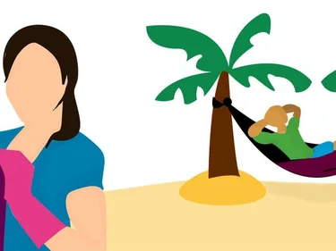 Tekening van een schoonmaakster met op de achtergrond iemand in een hangmat tussen twee palmbomen op een strand.