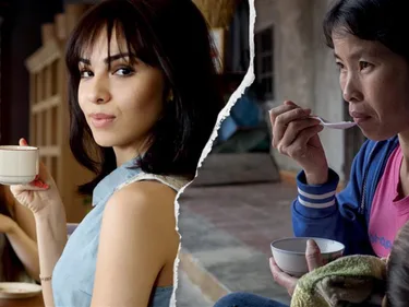 Twee foto's van links een rijke vrouw en rechts een arme vrouw.