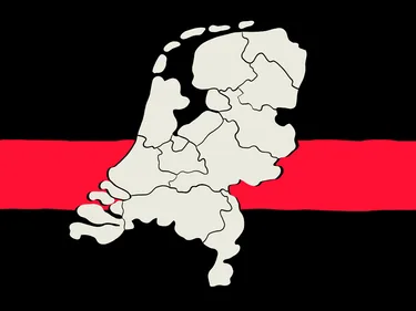 De kaart van Nederland met daarachter een rode lijn
