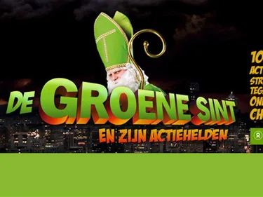Sinterklaas met groene mijter. Erbij de tekst: De groene Sint en zijn actiehelden. 100.000 actiehelden strijden tegen oneerlijke chocolade.