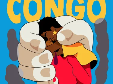 Illustratie van een Congolese vrouw en baby die letterlijk en figuurlijk worden uitgebuit door een witte hand.