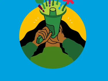 Illustratie van een vrouw met een megafoon waar planten en bloemen uit komen.