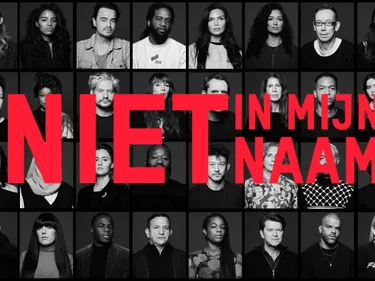 Poster met foto's van bekende Nederlanders voor Niet in mijn naam-oproep