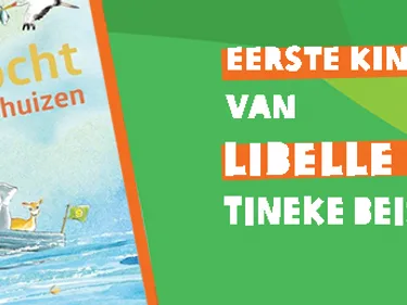 Kaft van het boek 'De overtocht'. Naast het boek staat de tekst: 'Eerste kinderboek van Libelle Icoon, Tineke Beishuizen'.