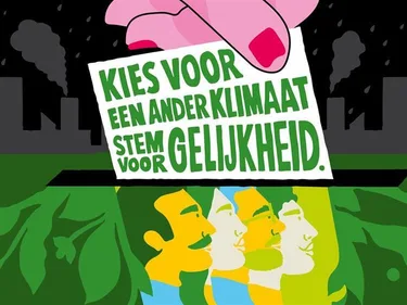 Een stembiljet met de tekst: Kies voor een ander klimaat. Stem voor gelijkheid.