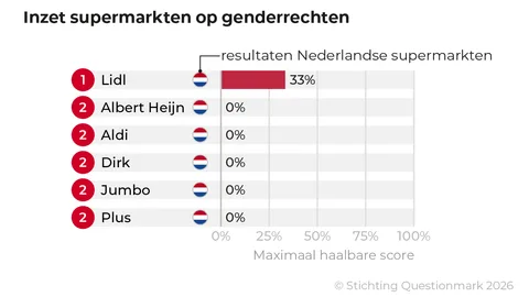 Ranglijst van de 6 grootste Nederlandse supermarkten, gescoord op inzet op genderrechten: Lidl scoort 33%, AH, Aldi, Dirk, Jumbo en Plus 0