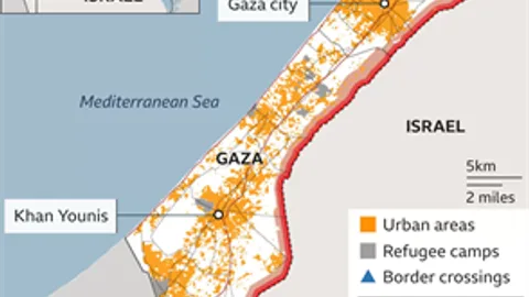 Kaart van Gaza met stedelijk gebied, vluchtelingenkampen, grensovergangen en bufferzones.