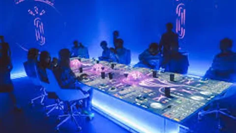 Mensen drinken een drankje aan tafel in een blauw verlichte ruimte.