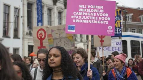 Vrouwen demonstreren. Op een bord staat: wij voeren wereldwijd campagne voor #taxjustice voor #womensrights.