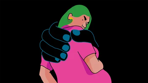 Tekening van een vrouw met een grote zwarte hand om haar lichaam.