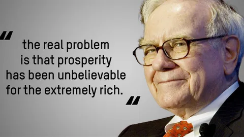 Warren Buffet met naast hem de quote: The real problem is that prosperity has been unbelievable for the extremely rich.