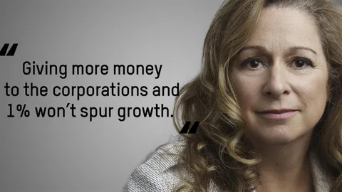 Abigail Disney met naast haar de quote: Giving more money to the corporations and 1% won't spur growth.