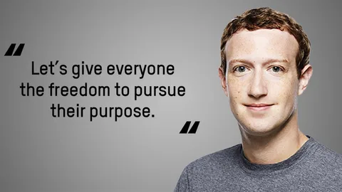 Mark Zuckerberg met naast hem de quote: Let's give everyone the freedom to pursue their purpose.