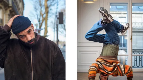 Portretfoto van Ahmed en daarnaast een foto waarop hij breakdancet.