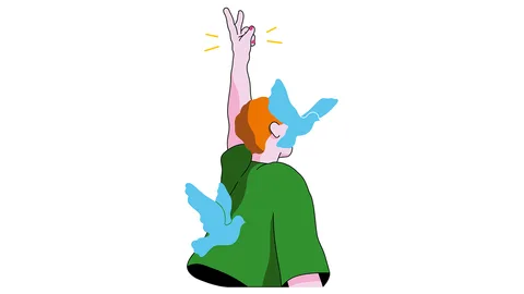 Tekening van iemand die het V-teken maakt met twee duiven die om hem heen vliegen.