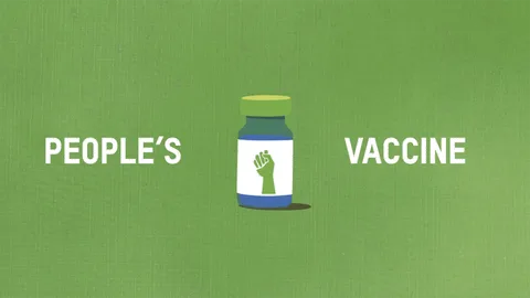 Tekening van een vaccinflesje met een vuist erop. Ernaast de tekst: People's vaccine