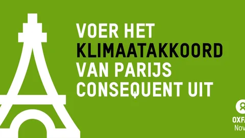 Plaatje van de Eiffeltoren met deze tekst ernaast: Voer het Klimaatakkoord van Parijs consequent uit