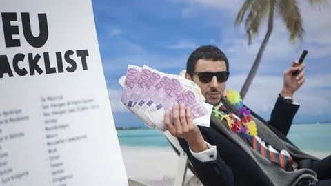 Foto van man op tropisch eiland die een stapel bankbiljtten en een sigaar vasthoudt met daarnaast een afbeelding 'EU blacklist'