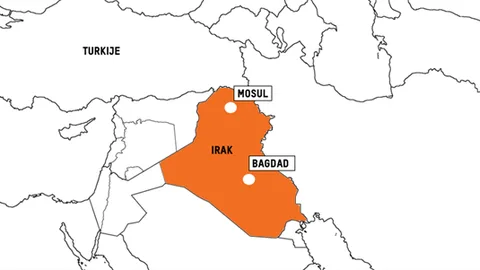 Afbeelding van landenkaart met daarop  Mosul en Bagdad in Irak.