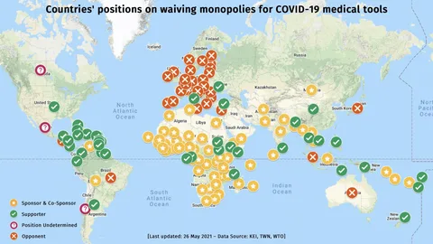 Landkaart met landen die vaccinpatenten niet willen opschorten.