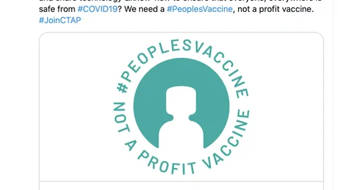 Tweet van Oxfam Novib aan de CEO van Pfizer om patenten op coronavaccines op te heffen.