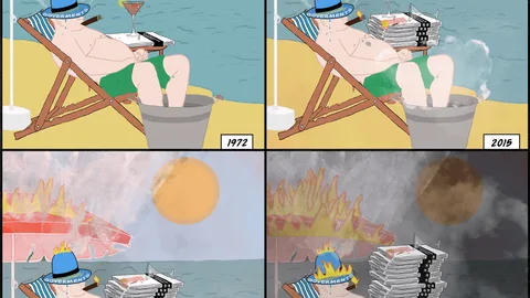 Tekening van iemand op het strand die het door de decennia heen steeds warmer krijgt. Op het laatste plaatje brandt zijn parasol en is de lucht zwart.