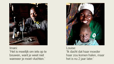 Foto van Imani met quote: 'Het is moeilijk om iets op te bouwen, want je weet niet wanneer je moet vluchten.' Ernaast foto van Louise met kindje en quote: "Ik dacht dat haar moeder haar zou komen halen, maar het is nu 2 jaar later.'