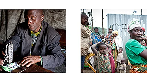 Foto van Imani achter een naaimachine. Ernaast een foto van Louise met kinderen om haar heen.