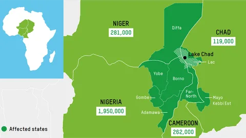 Kaart van het Tsjaadmeer met de omliggende landen Niger, Tsjaad, Kameroen en Nigeria.