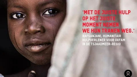 Een Afrikaans kind met ernaast een quote van Rafsaniani: Met de juiste hulp op het juiste moment nemen we hun tranen weg.