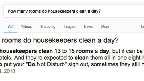 Screenshot van Google waaruit blijkt dat kamermeisjes gemiddeld 13-15 tot zelfs 30 kamers per dag moeten schoonmaken.