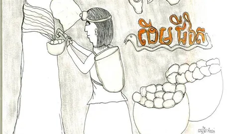 Drawing of a woman harvesting latex from a rubber tree