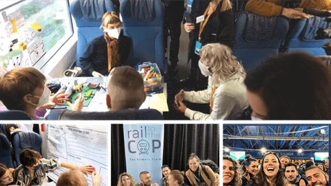 Collage of people traveling by train to COP