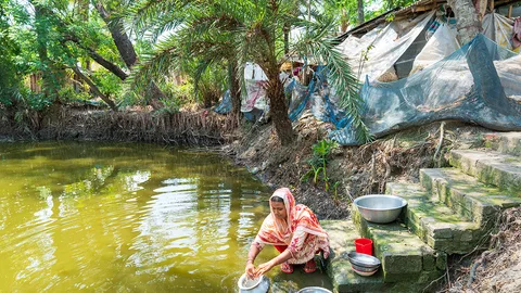 Monira doet haar afwas in het zilte water