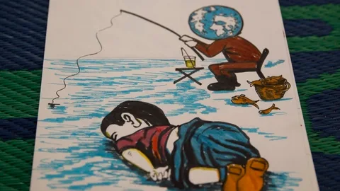 Tekening van het Syrische jongetje dat vorig jaar aanspoelde in Turkije.