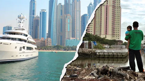 Foto met twee delen die de ongelijkheid laat zien. Op de linkerkant van de foto staat een luxe jacht met op de achtergrond de wolkenkrabbers van Dubai Marina. Op de rechterkant van de foto staat een man met zijn kind in het vuil van een sloppenwijk.